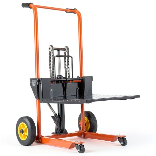 VEVOR Hydraulic Material Lift, Foldable Winch Stacker 450 lbs 35.8’’ Max Lifting Height with 9’’ Thick Rubber Wheels, 2 Swivel Front Wheels, Removable Steel Platform Board, Adjustable Forks-8