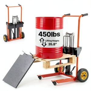 VEVOR Hydraulic Material Lift, Foldable Winch Stacker 450 lbs 35.8’’ Max Lifting Height with 9’’ Thick Rubber Wheels, 2 Swivel Front Wheels, Removable Steel Platform Board, Adjustable Forks-0