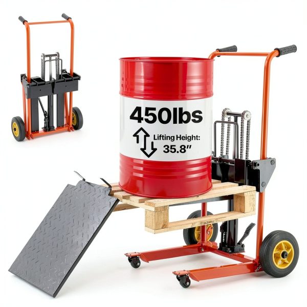 VEVOR Hydraulic Material Lift, Foldable Winch Stacker 450 lbs 35.8’’ Max Lifting Height with 9’’ Thick Rubber Wheels, 2 Swivel Front Wheels, Removable Steel Platform Board, Adjustable Forks-0