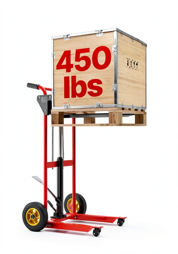 VEVOR Hydraulic Material Lift, Foldable Winch Stacker 450 lbs 35.8’’ Max Lifting Height with 9’’ Thick Rubber Wheels, 2 Swivel Front Wheels, Removable Steel Platform Board, Adjustable Forks-1