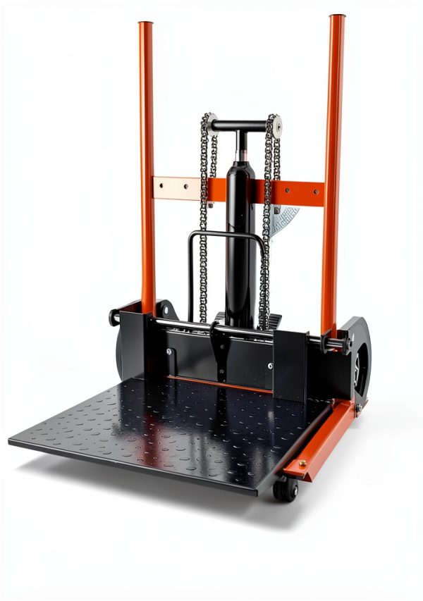 VEVOR Hydraulic Material Lift, Foldable Winch Stacker 450 lbs 35.8’’ Max Lifting Height with 9’’ Thick Rubber Wheels, 2 Swivel Front Wheels, Removable Steel Platform Board, Adjustable Forks-4